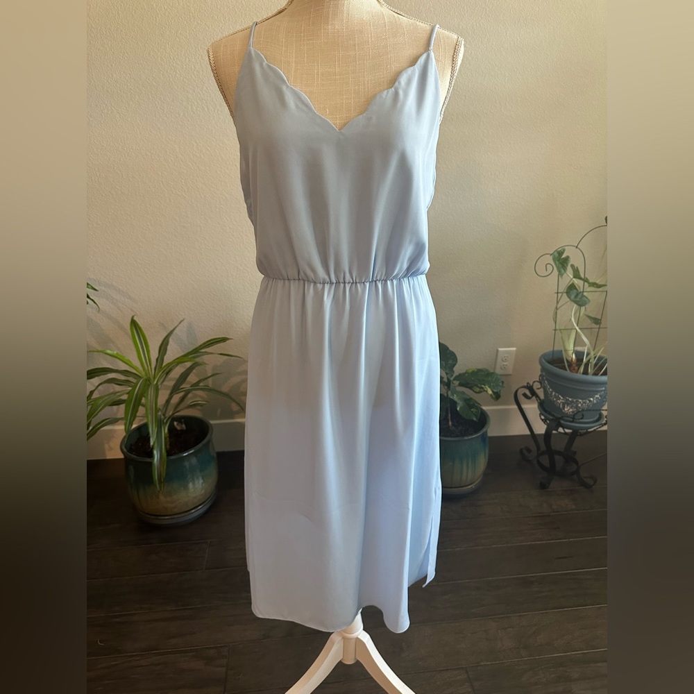 Socialite || dusty blue scalloped v-neck midi dress